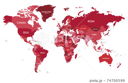 Political World Map vector illustration with different tones of red for each country and country names in spanish. Editable and clearly labeled layers. Political World Map vector illustration with different tones of red for each country and country names in spanish. Editable and clearly labeled layers. 74700599