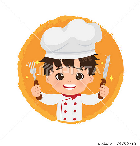 Cute male chef logo holding a knife and fork... - Stock Illustration  [74700738] - PIXTA