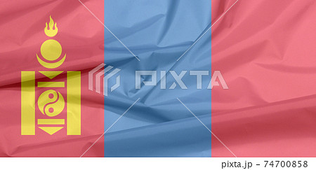 Fabric flag of Mongolia. Crease of Mongolian flag background Fabric flag of Mongolia. Crease of Mongolian flag background 74700858