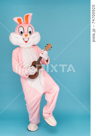 Crazy guitarist is playing music by ukulele or Hawaiian guitar. Easter bunny or rabbit or hare celebrates Happy easter, plays music by instrument. Crazy guitarist is playing music by ukulele or Hawaiian guitar. Easter bunny or rabbit or hare celebrates Happy easter, plays music by instrument. 74700920