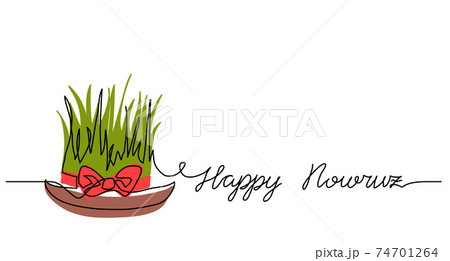 Happy Nowruz simple background, poster, banner with green wheat grass and red ribbon. One continuous line drawing, single lineart. Persian New Year greating, lettering Happy Nowruz 74701264