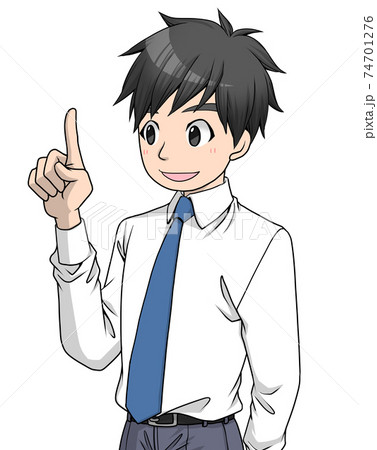 右指を挙げて説明をしているワイシャツにネクタイをした男性 74701276