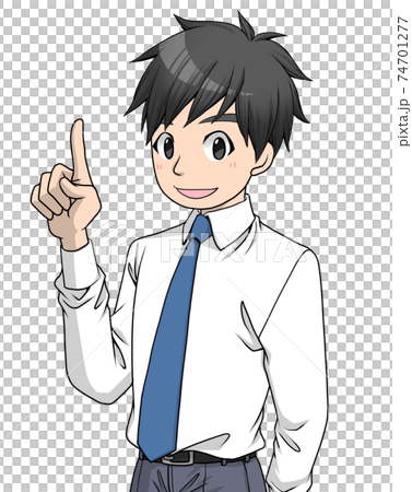 右指を挙げてこちらに視線を向けるワイシャツにネクタイをした男性	 74701277