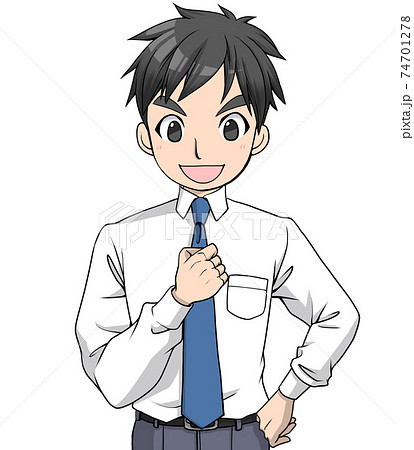 胸にこぶしをあてて話すワイシャツにネクタイの男性	 74701278