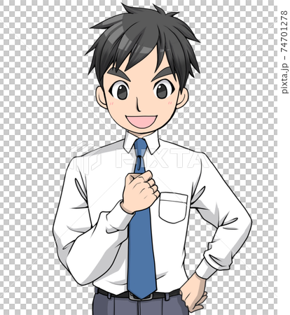 胸にこぶしをあてて話すワイシャツにネクタイの男性	 74701278