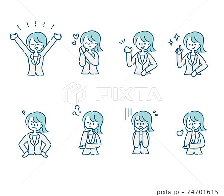 スーツ女性の色々な感情表現とポーズのセット 上半身 のイラスト素材