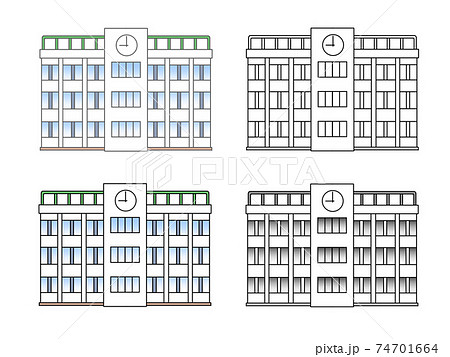 学校の校舎のフルカラーとモノクロと線画 のイラスト素材