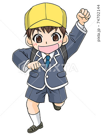 黒いランドセルを背負って左手を挙げて走る男の子 74702144