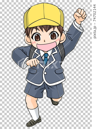 一個男孩背著黑色書包奔跑,舉起左手 一個男孩背著黑色書包奔跑,舉起左手 74702144