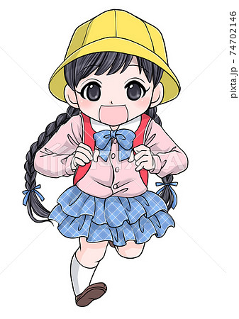 赤いランドセルを背負って走る三つ編みをした女の子のイラスト素材