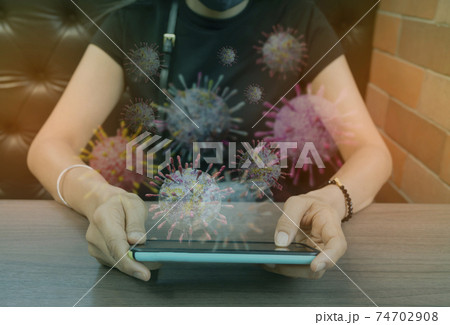 A girl who does not see a face is playing with a smartphone background Covid-19 coronavirus 74702908
