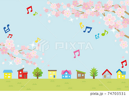 音符つき桜のある春の風景のイラスト 家の並びと空と草原 横長の書式で横書き用のイラスト素材