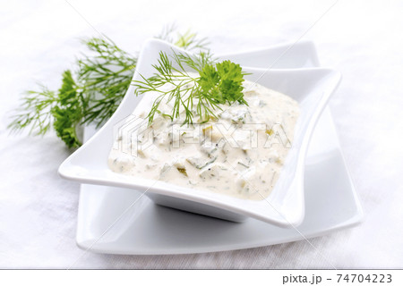 Modern style German remoulade with gherkin and dill 74704223