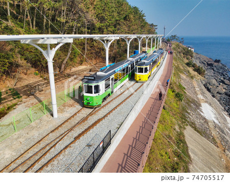 Aerial View of Haeundae Beach Train, Busan, South Korea Asia. Aerial View of Haeundae Beach Train, Busan, South Korea Asia. 74705517