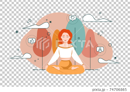 Girl meditates in the lotus position in the park or forest. The process of relaxation and recovery from social and like addiction. Approval seeking and emotional dependency. Addicted to Likes Vector Girl meditates in the lotus position in the park or forest. The process of relaxation and recovery from social and like addiction. Approval seeking and emotional dependency. Addicted to Likes Vector 74706865