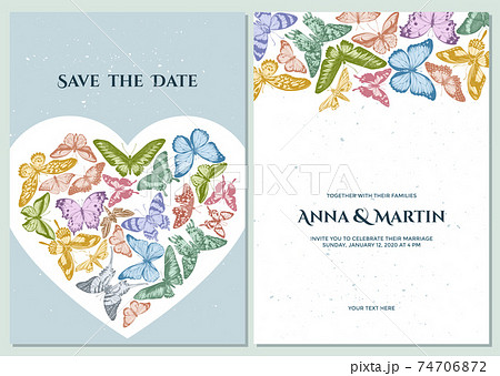 Wedding invitation card with pastel octauius swordtail, great orange-tip, emerald swallowtail, plain Wedding invitation card with pastel octauius swordtail, great orange-tip, emerald swallowtail, plain 74706872
