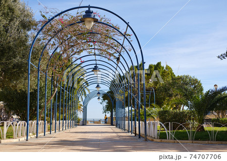 Empty pedestrian walkway with arch Empty pedestrian walkway with arch 74707706