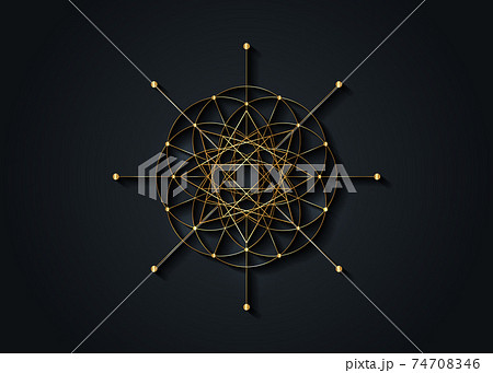 Gold Sacred Geometry, Seed of life, star symbol. Logo icon Geometric mystic mandala of alchemy esoteric Flower of Life. Vector golden line art divine meditative amulet isolated on black background 74708346