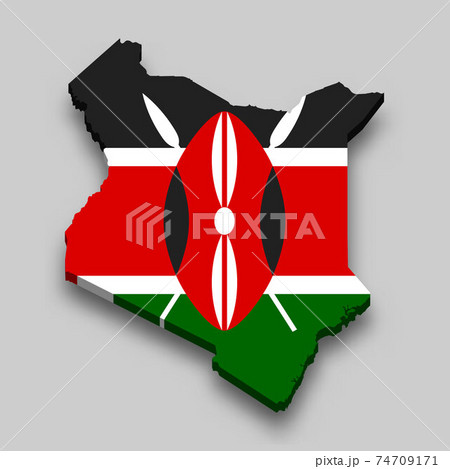 3d isometric Map of Kenya with national flag.