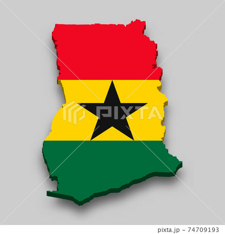 3d isometric Map of Ghana with national flag.