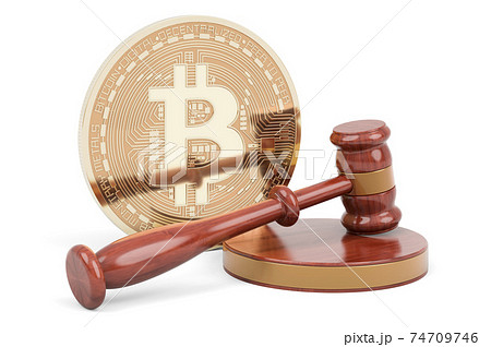 Bitcoin with wooden gavel, 3D rendering 74709746