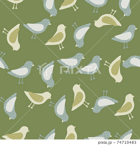 Nature fauna seamless pattern with random blue and beige dove birds print. Green background. 74710483