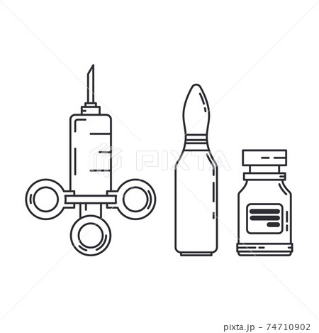 Line medical pharmaceutica set icon flask, ampoule, syringe. Professional equipment symbol. Science, pharmacy, medic, chemistry background emblem element. Laboratory glass. Vector outline illustration 74710902