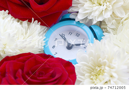 Little cute blue alarm clock surrounded by red roses and chrysanthemum heads Little cute blue alarm clock surrounded by red roses and chrysanthemum heads 74712005