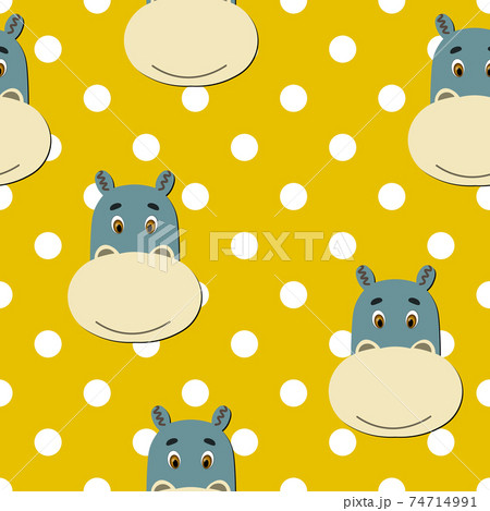 Vector flat animals colorful illustration for kids. Seamless pattern with cute hippopotamus face on yellow polka dots background. Adorable cartoon character. Design for card, poster, fabric, textile. 74714991