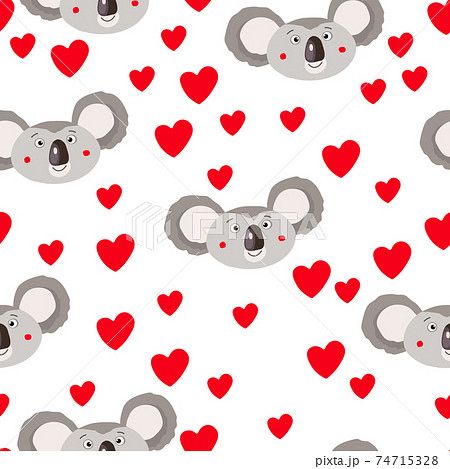 Seamless pattern with cute koala baby and hearts on white background. Funny australian animals. Card, postcards for kids. Flat vector illustration for fabric, textile, wallpaper, poster, paper. 74715328