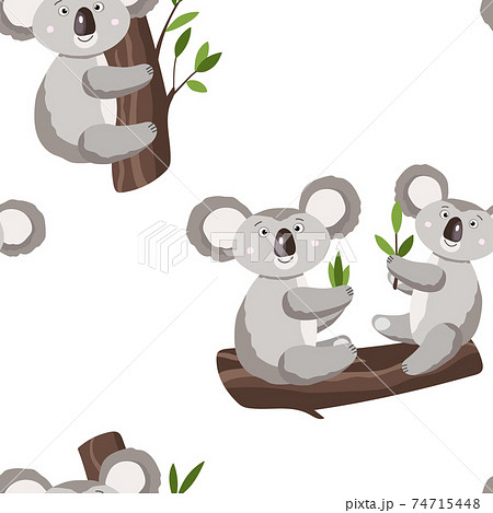 Seamless pattern with cute koala baby on white background. Funny australian animals. Card, postcards for kids. Flat vector illustration for fabric, textile, wallpaper, poster, gift wrapping paper. 74715448
