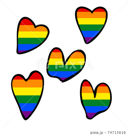 Love wins icons. LGBT logo symbol in rainbow flag colors. Set of Hand drawn hearts isolated on white background. Template design, vector illustration. Gay pride pattern. Cute holiday banner. 74715616