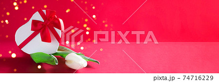 Bright pink banner with present and tulip 74716229