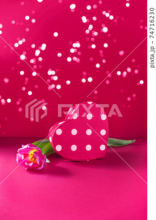 Romantic pink background with present and tulip 74716230