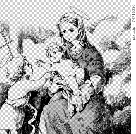 聖母子のモノクロイラストのイラスト素材