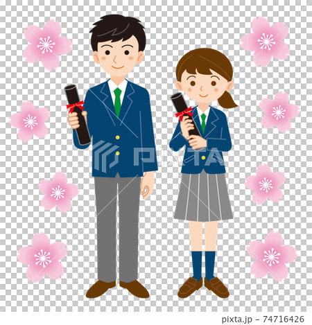 桜の花を背景に卒業証書を持って立つ制服の男女学生の全身イラスト 白背景のイラスト素材