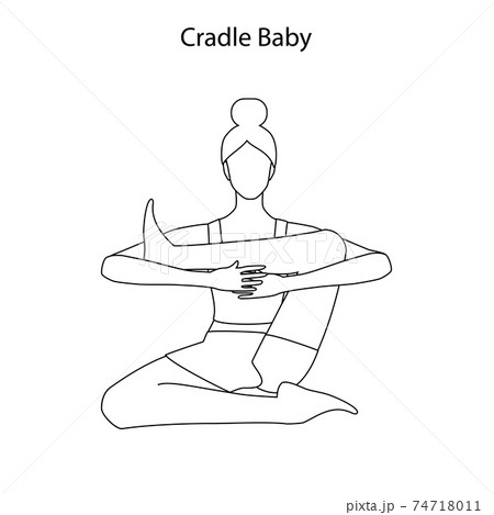 Cradle baby pose yoga workout outline. Healthy lifestyle vector illustration 74718011