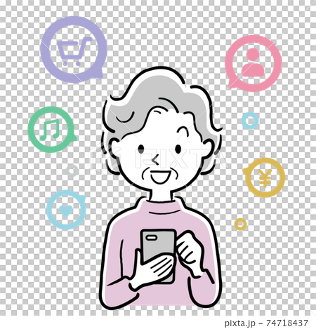 ベクターイラスト素材:スマートフォンのアプリを利用するシニア女性 ベクターイラスト素材:スマートフォンのアプリを利用するシニア女性 74718437