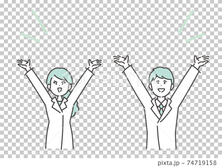 Illustration of a business man and woman in a white coat to introduce with both hands raised Illustration of a business man and woman in a white coat to introduce with both hands raised 74719158