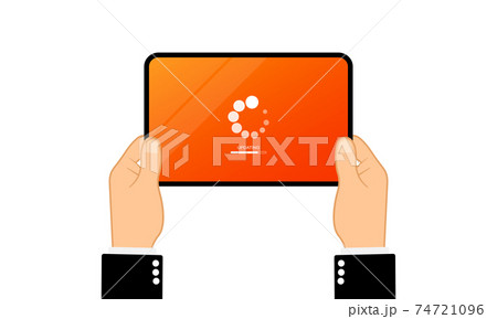 Hands holding tablet computer with software update. Downloading data concept. Vector on isolated white background. Eps 10. Hands holding tablet computer with software update. Downloading data concept. Vector on isolated white background. Eps 10. 74721096