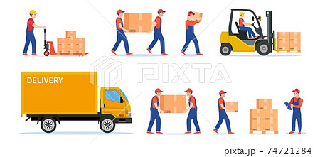 Warehouse workers with parcels boxes Warehouse workers with parcels boxes 74721284