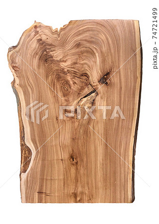 Close vertical cut of elm slab with knot on white background Close vertical cut of elm slab with knot on white background 74721499