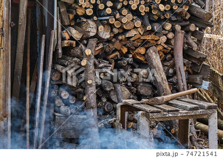 Hatchet lying on boards on the background of firewood Hatchet lying on boards on the background of firewood 74721541