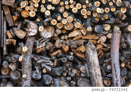 Large stack of firewood from different wood Large stack of firewood from different wood 74721542