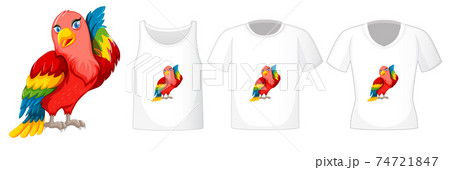 Set of different shirts with parrot bird cartoon character isolated on white background 74721847