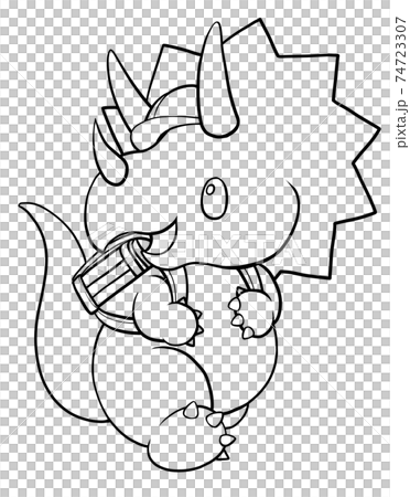 ランドセルを背負った笑顔のトリケラトプスの線画	 74723307
