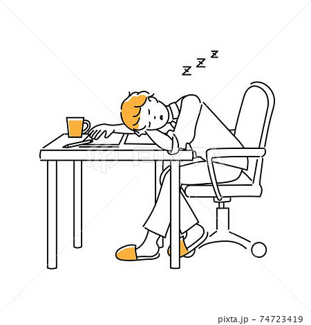 疲れて机で寝ている男性のシンプルなイラストのイラスト素材