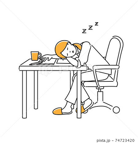 疲れて机で寝ている女性のシンプルなイラストのイラスト素材