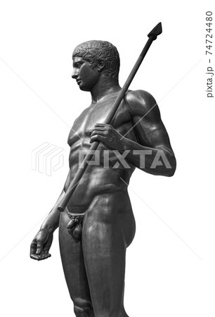 Ancient naked strong man sculpture. Young male athlete with spear statue isolated on white background Ancient naked strong man sculpture. Young male athlete with spear statue isolated on white background 74724480