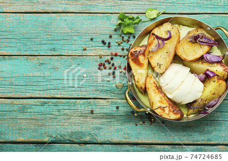 Baked potatoes in pan 74724685